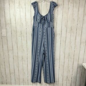 Derek Heart Women's Blue Boho Print Cap Sleeve Wide Leg Jumpsuit Size Large